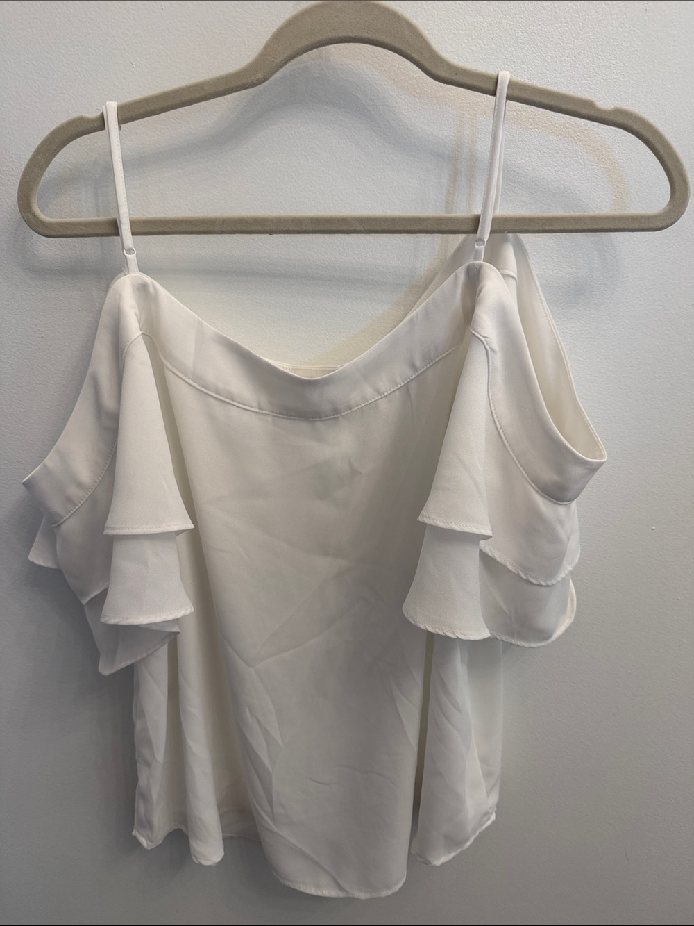 New York & Company White Cold-Shoulder Ruffle Cami